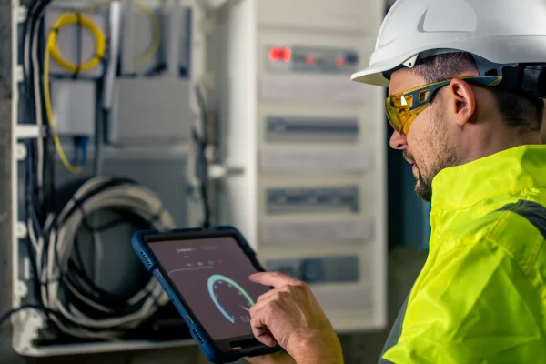 man-electrical-technician-working-switchboard-with-fuses-uses-tablet man-electrical-technician-working-switchboard-with-fuses-uses-tablet